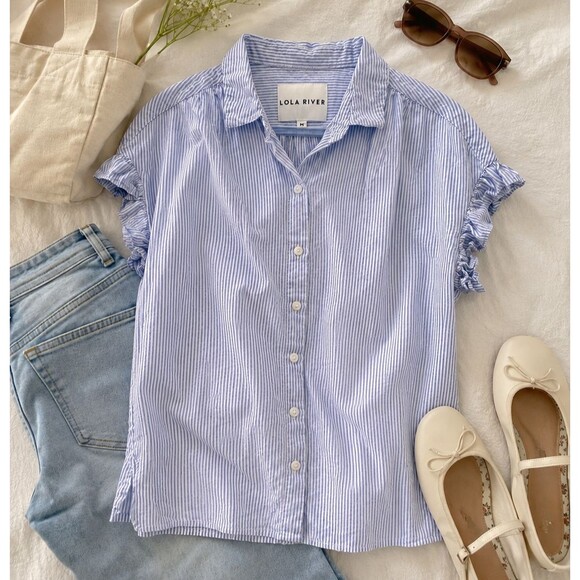 Lola River Tops - Lola River Blue White Striped Ruffle Sleeve Button Front Blouse M, Coastal Prep